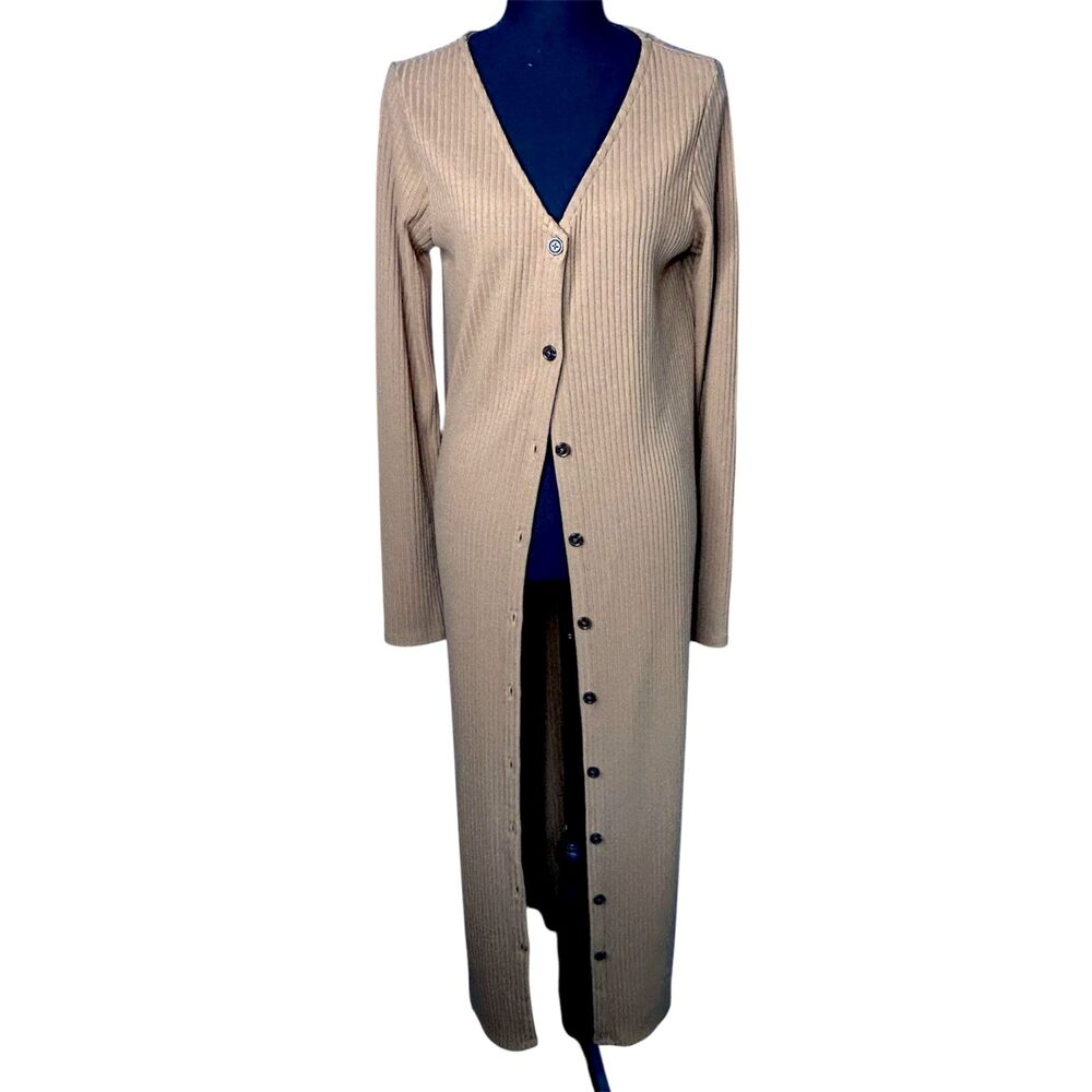 Old Navy Womens Camel Ribbed Knit Cardigan Dress Sz M Tall Lagenlook Minimalist